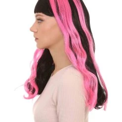 HPO Women's Womens 80s Long Black Neon Pink Streaks Punk Rave Wig | Rock Curly Disco Party Wigs | Premium Breathable Capless Cap
