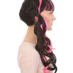 HPO Womens Dracula Ponytails Curly Wig | Black & Pink TV/Movie Wigs | Premium Breathable Capless Cap Women's