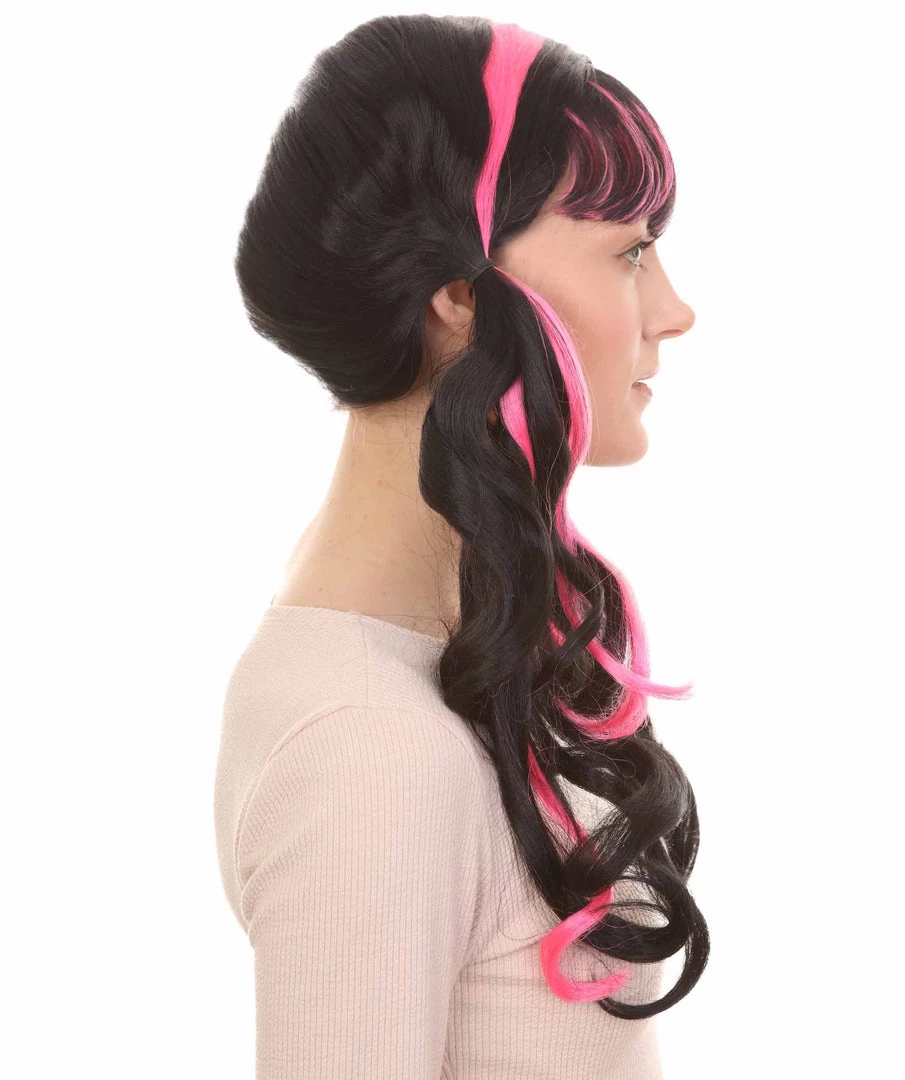 HPO Womens Dracula Ponytails Curly Wig | Black & Pink TV/Movie Wigs | Premium Breathable Capless Cap Women's
