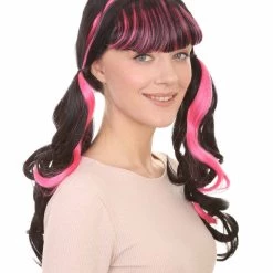 HPO Womens Dracula Ponytails Curly Wig | Black & Pink TV/Movie Wigs | Premium Breathable Capless Cap Women's