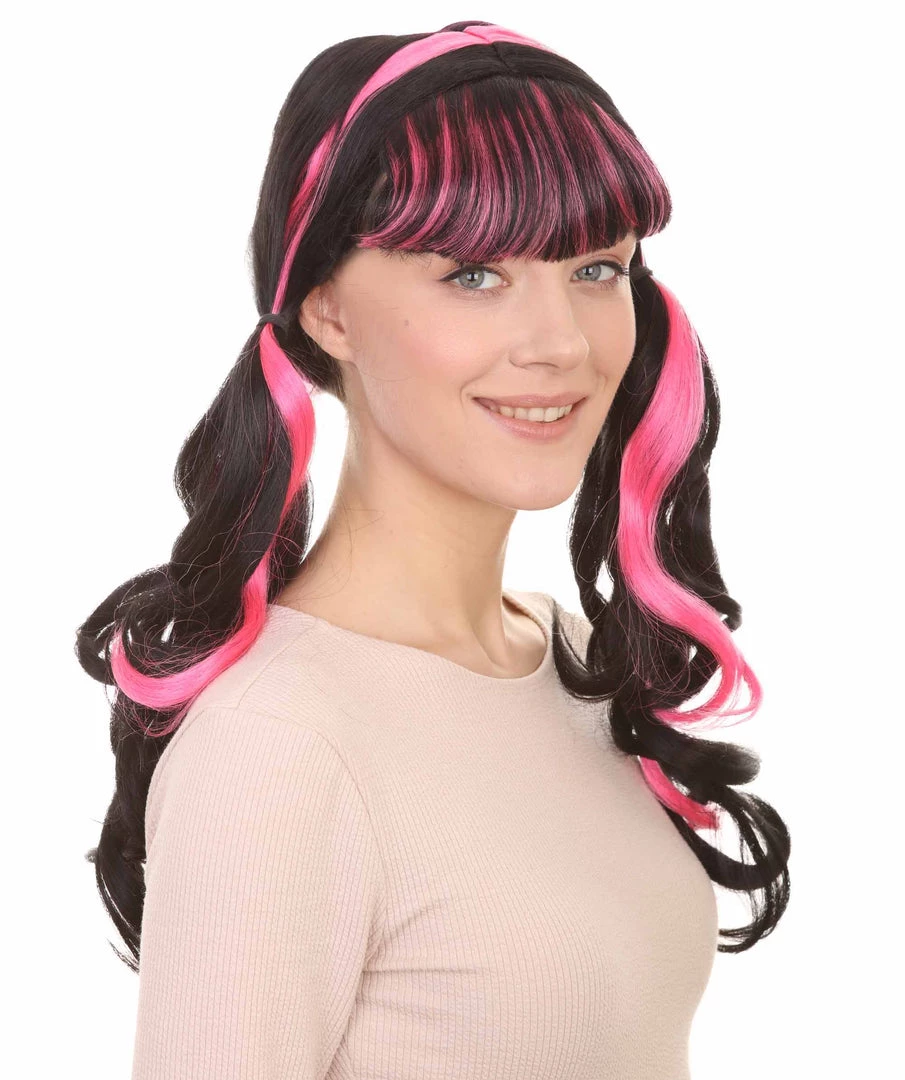 HPO Womens Dracula Ponytails Curly Wig | Black & Pink TV/Movie Wigs | Premium Breathable Capless Cap Women's