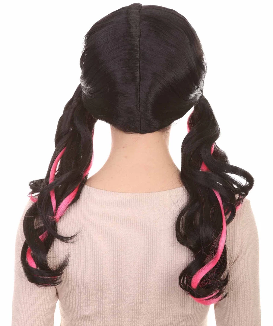 HPO Womens Dracula Ponytails Curly Wig | Black & Pink TV/Movie Wigs | Premium Breathable Capless Cap Women's