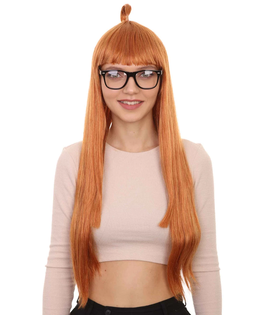 HPO Women's Womens Brown Long Straight Wig With Glasses | Video Game Wigs | Premium Breathable Capless Cap