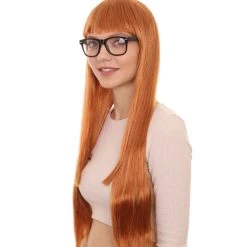 HPO Women's Womens Brown Long Straight Wig With Glasses | Video Game Wigs | Premium Breathable Capless Cap