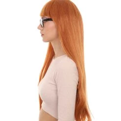 HPO Women's Womens Brown Long Straight Wig With Glasses | Video Game Wigs | Premium Breathable Capless Cap