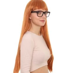 HPO Women's Womens Brown Long Straight Wig With Glasses | Video Game Wigs | Premium Breathable Capless Cap