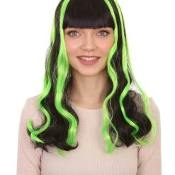 HPO Women's Womens 80s Long Black Neon Pink Streaks Punk Rave Wig | Rock Curly Disco Party Wigs | Premium Breathable Capless Cap