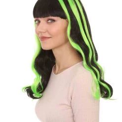 HPO Women's Womens 80s Long Black Neon Pink Streaks Punk Rave Wig | Rock Curly Disco Party Wigs | Premium Breathable Capless Cap