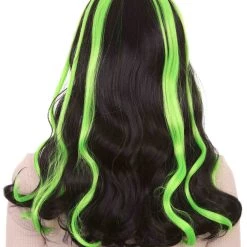 HPO Women's Womens 80s Long Black Neon Pink Streaks Punk Rave Wig | Rock Curly Disco Party Wigs | Premium Breathable Capless Cap