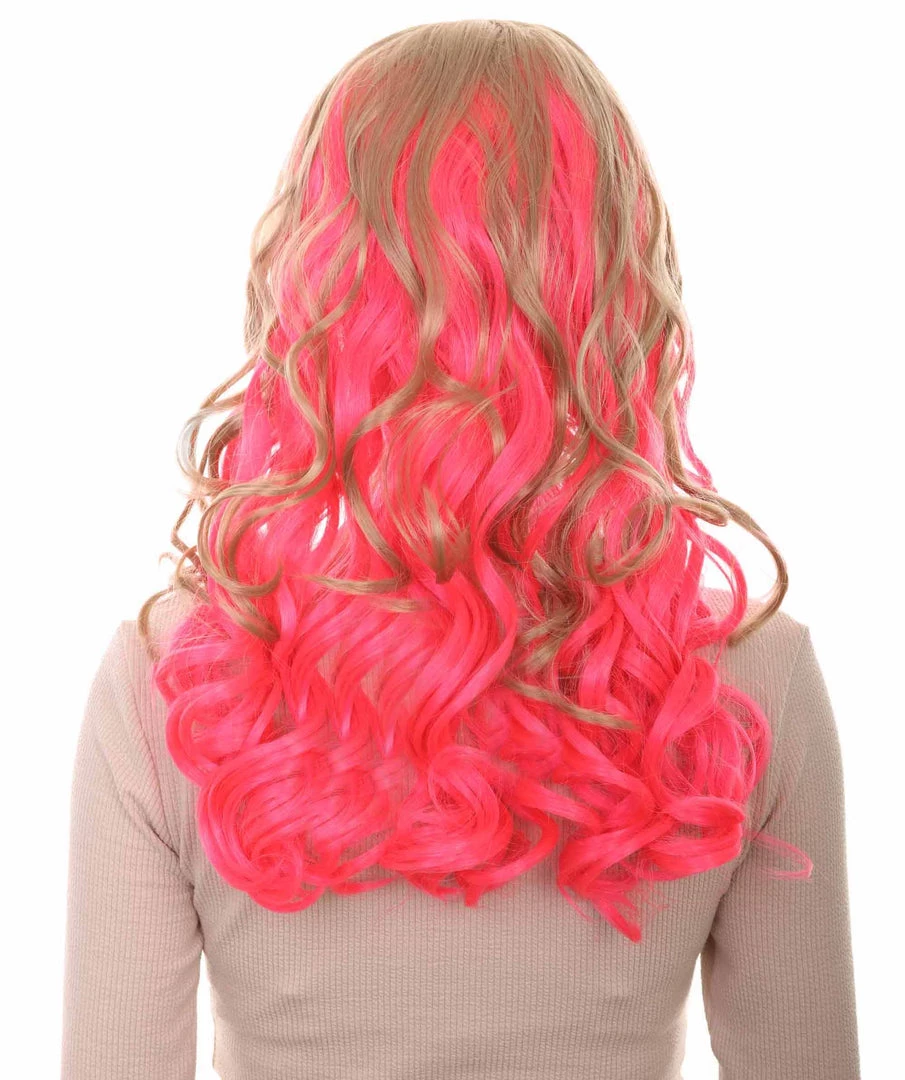 HPO Women's Long Wavy Blonde & Pink Womens Wig | Fancy Party Event Ready Halloween Wig | Premium Breathable Capless Cap