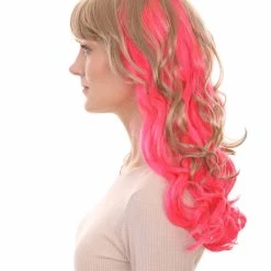 HPO Women's Long Wavy Blonde & Pink Womens Wig | Fancy Party Event Ready Halloween Wig | Premium Breathable Capless Cap