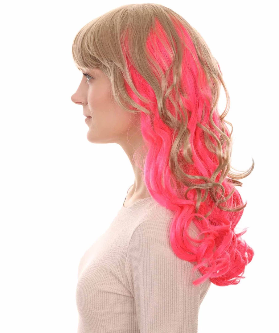 HPO Women's Long Wavy Blonde & Pink Womens Wig | Fancy Party Event Ready Halloween Wig | Premium Breathable Capless Cap