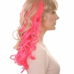 HPO Women's Long Wavy Blonde & Pink Womens Wig | Fancy Party Event Ready Halloween Wig | Premium Breathable Capless Cap