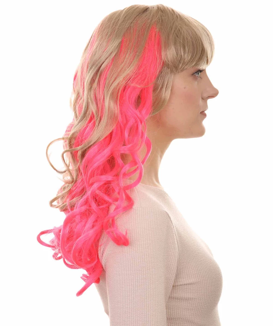 HPO Women's Long Wavy Blonde & Pink Womens Wig | Fancy Party Event Ready Halloween Wig | Premium Breathable Capless Cap