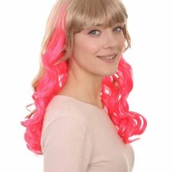 HPO Women's Long Wavy Blonde & Pink Womens Wig | Fancy Party Event Ready Halloween Wig | Premium Breathable Capless Cap