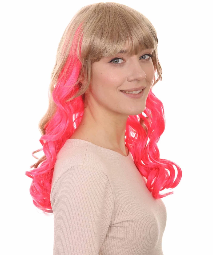 HPO Women's Long Wavy Blonde & Pink Womens Wig | Fancy Party Event Ready Halloween Wig | Premium Breathable Capless Cap