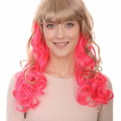 HPO Women's Long Wavy Blonde & Pink Womens Wig | Fancy Party Event Ready Halloween Wig | Premium Breathable Capless Cap