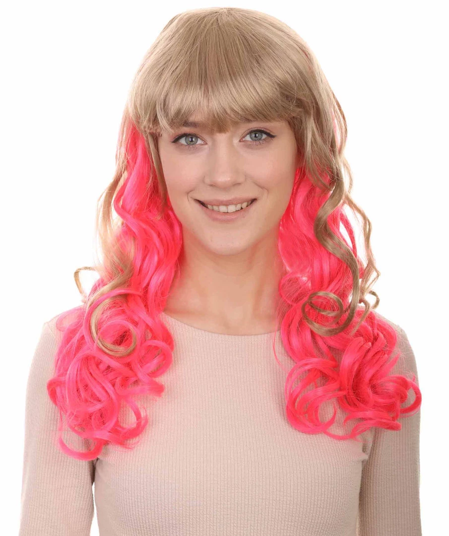 HPO Women's Long Wavy Blonde & Pink Womens Wig | Fancy Party Event Ready Halloween Wig | Premium Breathable Capless Cap