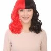 HPO Half Red And Half Black Long Curly Anime Womens Wigs | Cartoon Stage/Event Fancy Halloween Wig | Premium Breathable Capless Cap Women's