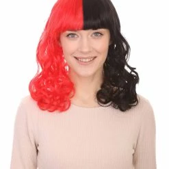 HPO Half Red And Half Black Long Curly Anime Womens Wigs | Cartoon Stage/Event Fancy Halloween Wig | Premium Breathable Capless Cap Women's