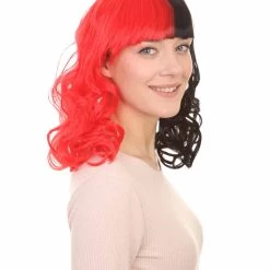 HPO Half Red And Half Black Long Curly Anime Womens Wigs | Cartoon Stage/Event Fancy Halloween Wig | Premium Breathable Capless Cap Women's