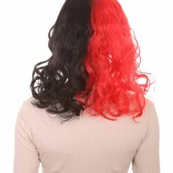 HPO Half Red And Half Black Long Curly Anime Womens Wigs | Cartoon Stage/Event Fancy Halloween Wig | Premium Breathable Capless Cap Women's
