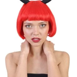 HPO Men's Devil Womens Wig With Horns | Red Horror Character Cosplay Halloween Wig | Premium Breathable Capless Cap