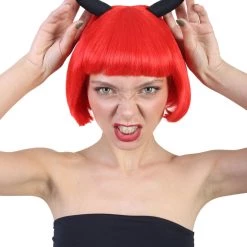 HPO Men's Devil Womens Wig With Horns | Red Horror Character Cosplay Halloween Wig | Premium Breathable Capless Cap