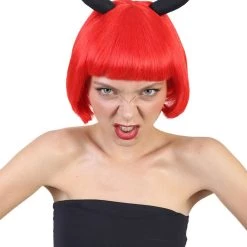 HPO Men's Devil Womens Wig With Horns | Red Horror Character Cosplay Halloween Wig | Premium Breathable Capless Cap