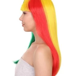 FLAGWIGS Senegal Flag Sport Party Long Bob Wig | Multicolor Long Straight Wig | Premium Breathable Capless Cap Women's
