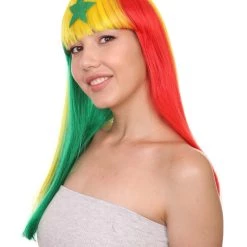 FLAGWIGS Senegal Flag Sport Party Long Bob Wig | Multicolor Long Straight Wig | Premium Breathable Capless Cap Women's