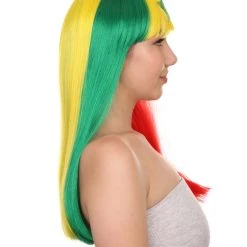 FLAGWIGS Senegal Flag Sport Party Long Bob Wig | Multicolor Long Straight Wig | Premium Breathable Capless Cap Women's