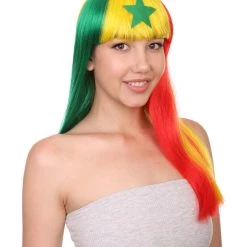 FLAGWIGS Senegal Flag Sport Party Long Bob Wig | Multicolor Long Straight Wig | Premium Breathable Capless Cap Women's