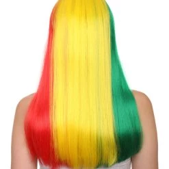 FLAGWIGS Senegal Flag Sport Party Long Bob Wig | Multicolor Long Straight Wig | Premium Breathable Capless Cap Women's