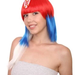 FLAGWIGS Women's Serbia Flag Sport Party Long Bob Wig | Red Blue White Wig | Premium Breathable Capless Cap