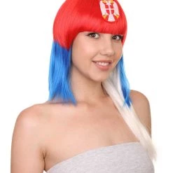 FLAGWIGS Women's Serbia Flag Sport Party Long Bob Wig | Red Blue White Wig | Premium Breathable Capless Cap