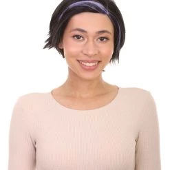 HPO Animation Hero Womens Wig | Short Black Purple TV/Movie Wig | Premium Breathable Capless Cap