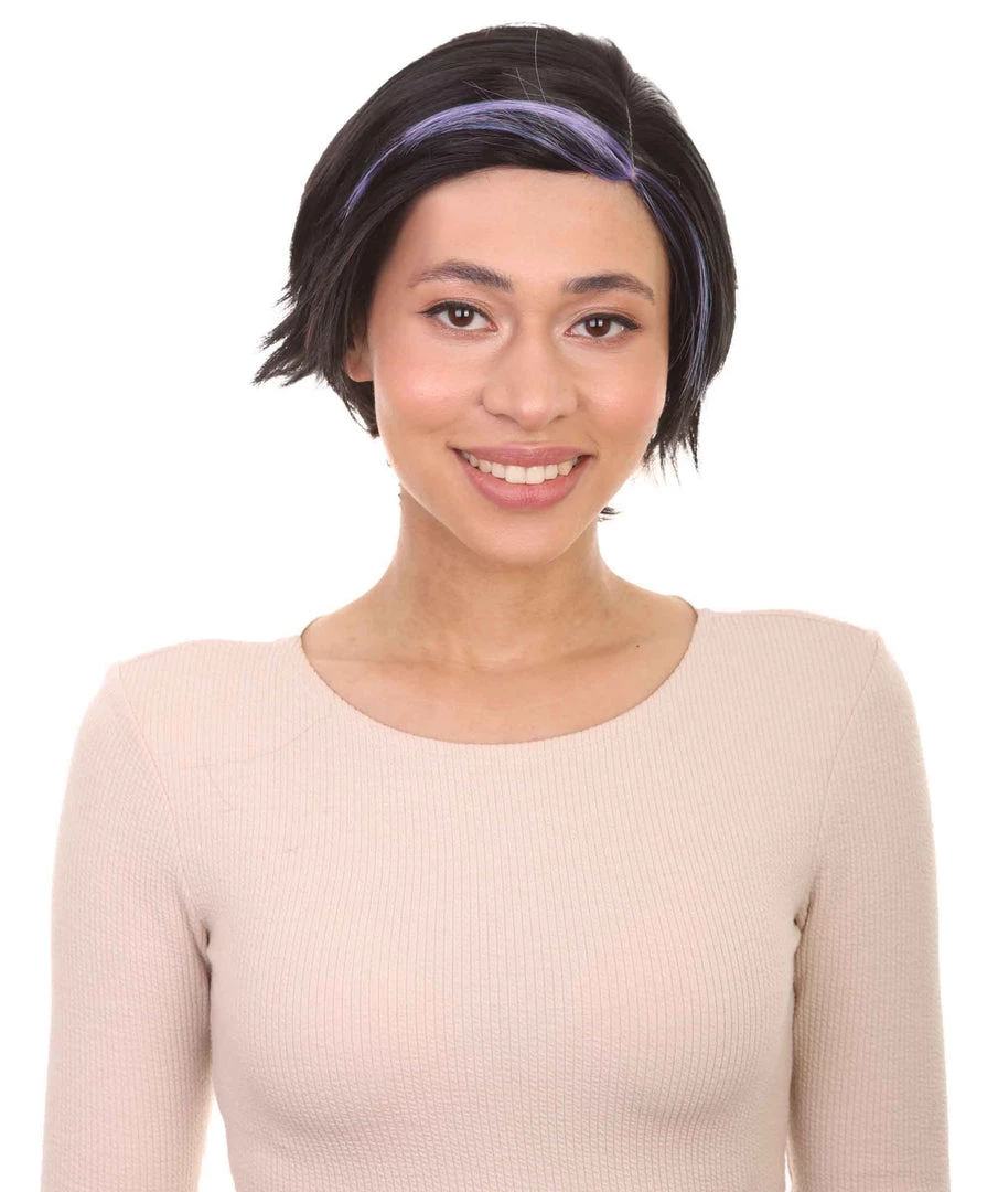 HPO Animation Hero Womens Wig | Short Black Purple TV/Movie Wig | Premium Breathable Capless Cap