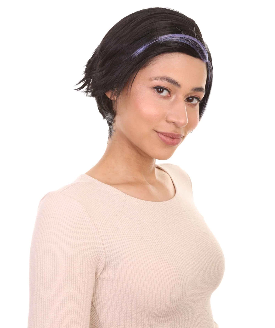 HPO Animation Hero Womens Wig | Short Black Purple TV/Movie Wig | Premium Breathable Capless Cap