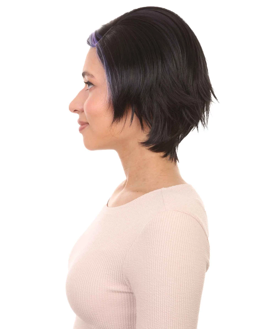 HPO Animation Hero Womens Wig | Short Black Purple TV/Movie Wig | Premium Breathable Capless Cap