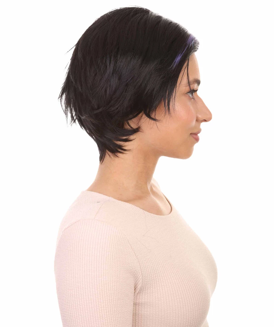 HPO Animation Hero Womens Wig | Short Black Purple TV/Movie Wig | Premium Breathable Capless Cap