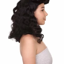 HPO Womens Pin Up Wig | Black Party Ready Fancy Cosplay Halloween Wig | Premium Breathable Capless Cap