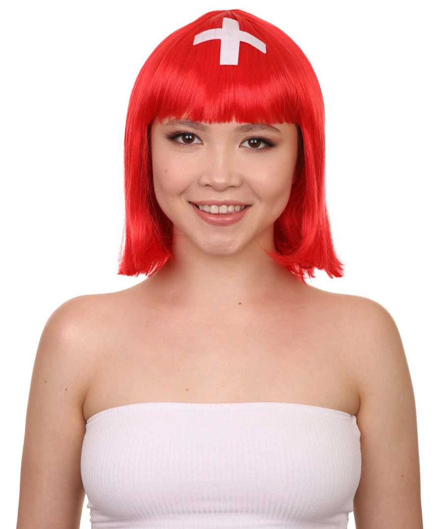 FLAGWIGS Women's Switzerland Flag Sport Party Bob Wig | Sexy Cosplay Party Halloween Wig | Premium Breathable Capless Cap