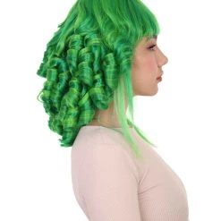 HPO Womens 18th Century Colonial Lady Curly Neon Green Historical Wig | Premium Breathable Capless Cap Women's