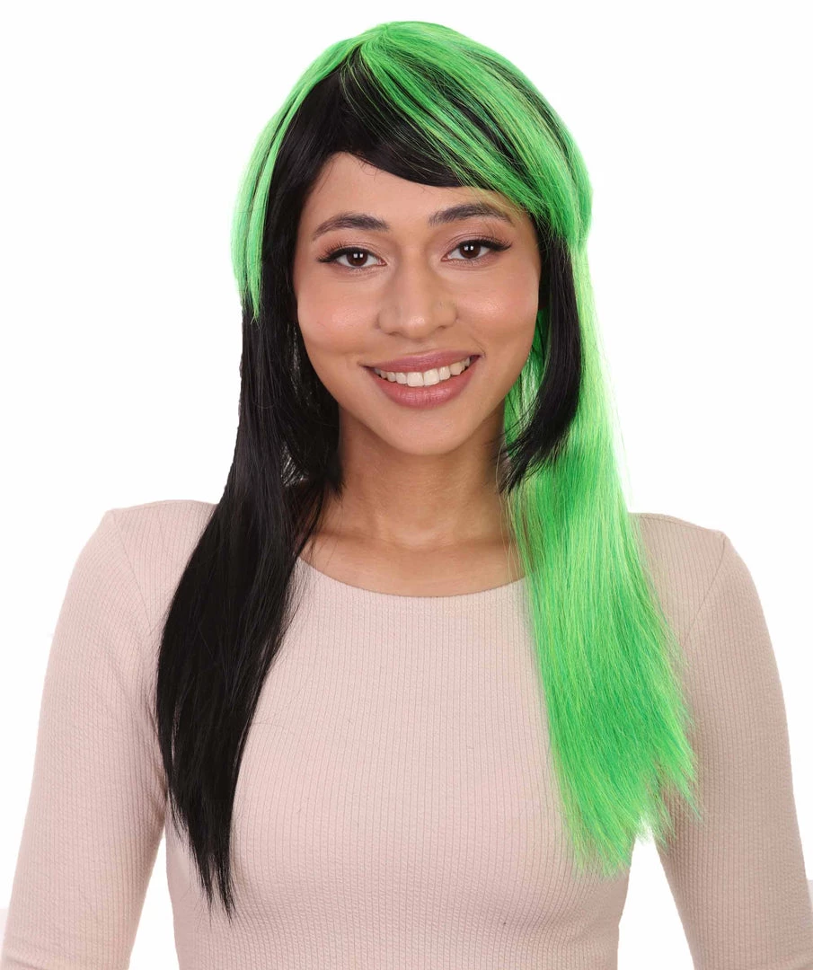 HPO Hard Rockin Witch Black Green Womens Wig | Gothic Fancy Halloween Wig | Premium Breathable Capless Cap Women's