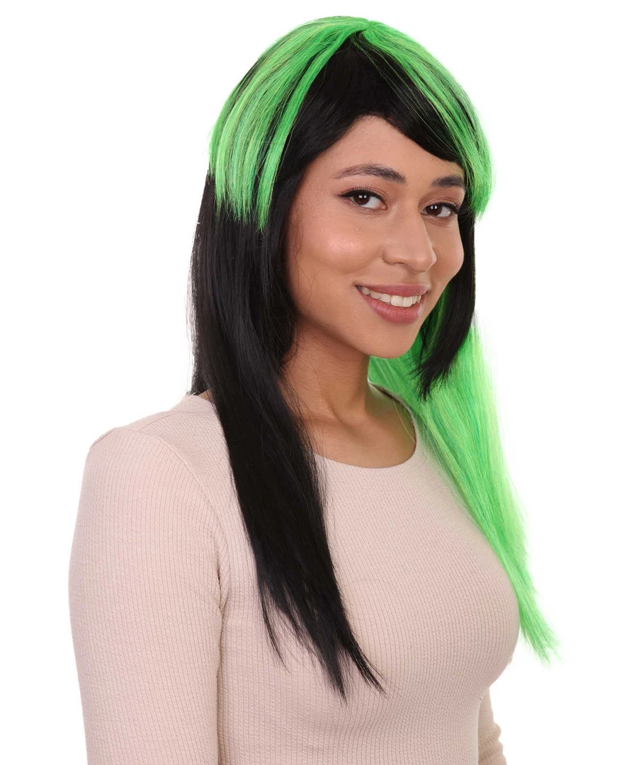 HPO Hard Rockin Witch Black Green Womens Wig | Gothic Fancy Halloween Wig | Premium Breathable Capless Cap Women's