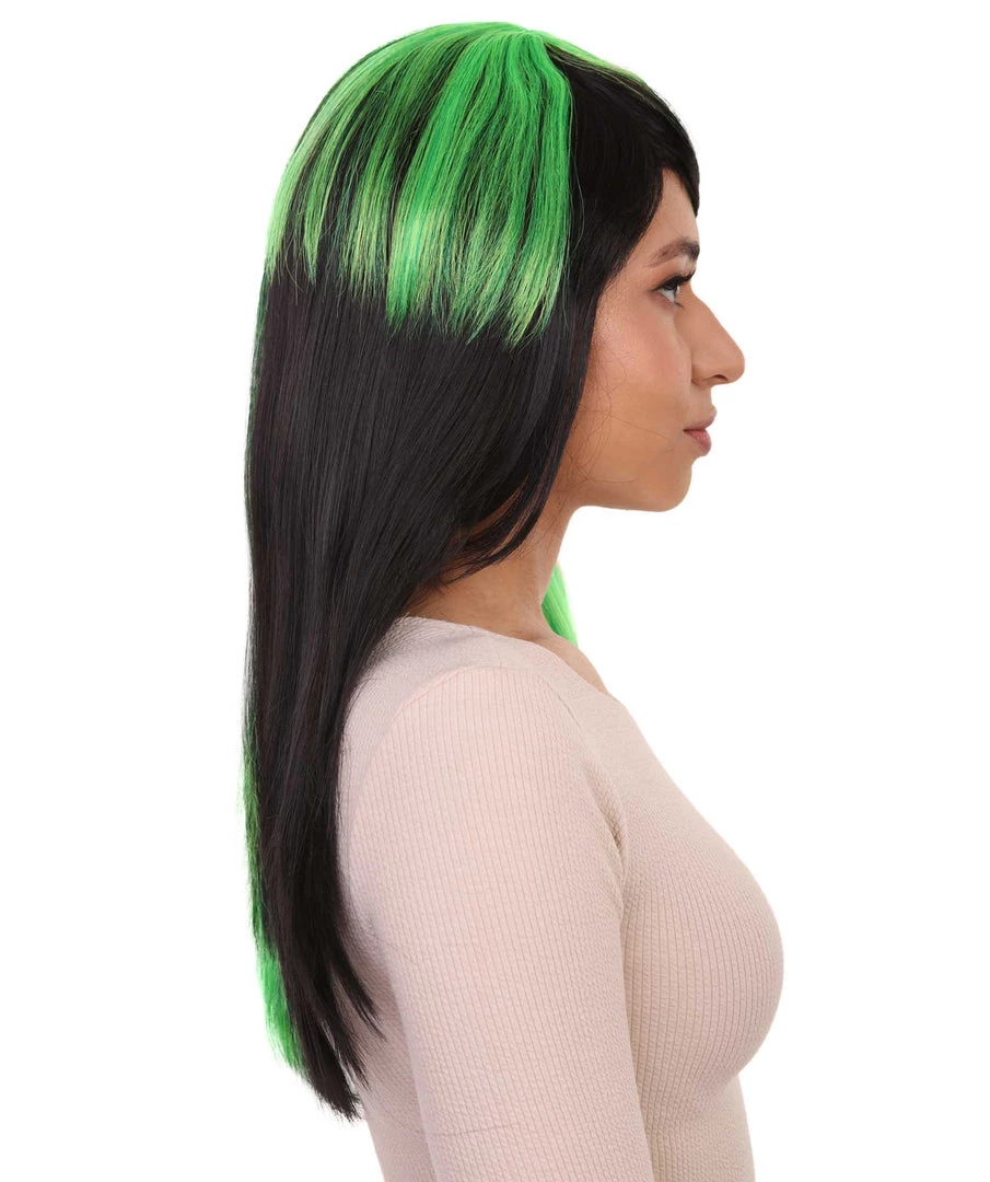 HPO Hard Rockin Witch Black Green Womens Wig | Gothic Fancy Halloween Wig | Premium Breathable Capless Cap Women's