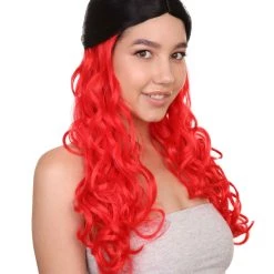 HPO Black And Red Long Wavy Womens Wig | Cosplay Halloween Wig | Premium Breathable Capless Cap