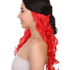 HPO Black And Red Long Wavy Womens Wig | Cosplay Halloween Wig | Premium Breathable Capless Cap