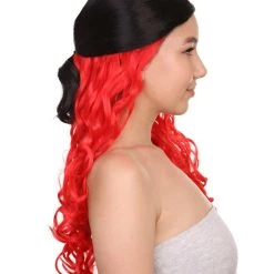 HPO Black And Red Long Wavy Womens Wig | Cosplay Halloween Wig | Premium Breathable Capless Cap